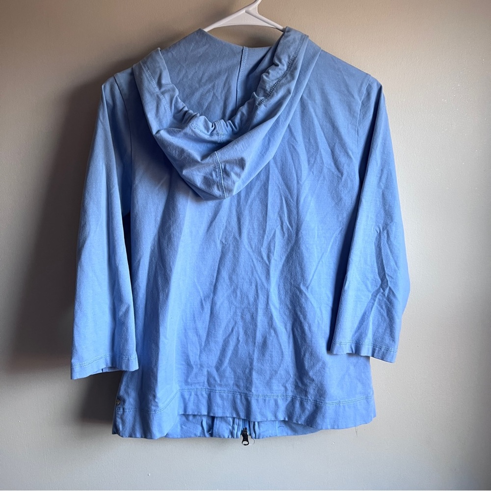 Neon Buddha Blue Ruched Zipper 3/4 Sleeve Hooded Lagenlook Top - Picture 4 of 4